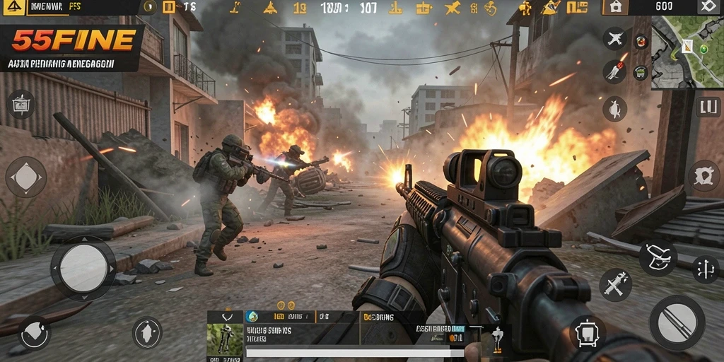 Gameplay seru dan mendebarkan dalam 55FIVE saat pertempuran berlangsung.