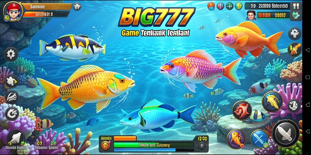 Tampilan gameplay seru dalam BIG777 dengan beragam ikan yang menunggu untuk ditembak.