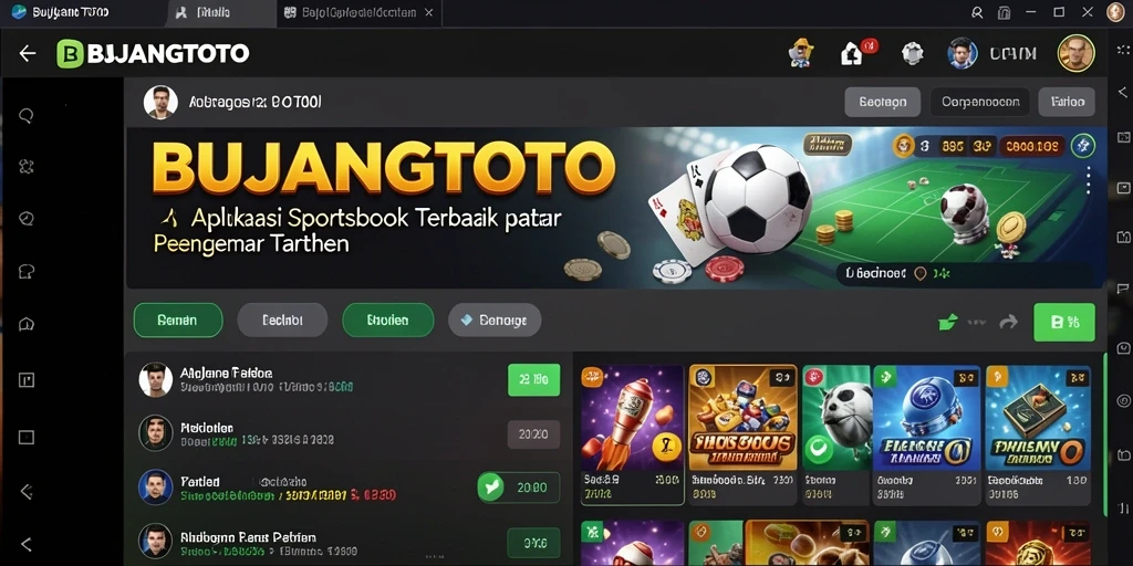 Tangkapan layar utama BUJANGTOTO menampilkan antarmuka aplikasi Sportsbook terintegrasi.