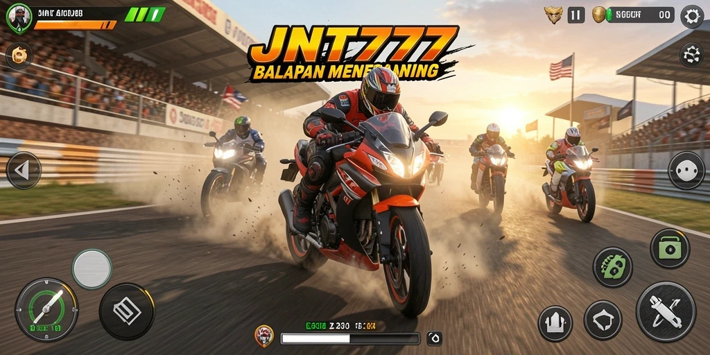 Screenshot gameplay JNT777 dengan balapan seru dan motor bertenaga.