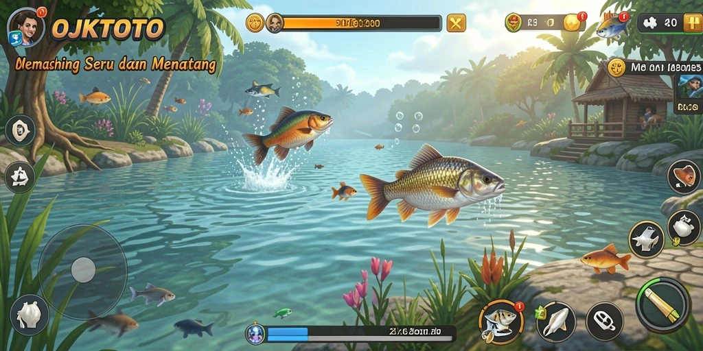 Tampilan gameplay OJKTOTO saat memancing di lokasi indah.